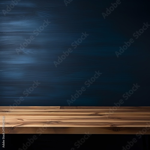 Abstract background with a dark navy blue wall and wooden table top for product presentation, wood floor, minimal concept, low key studio shot