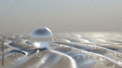 perle transparente dans un décor minimaliste au relief et ondes blanche photo