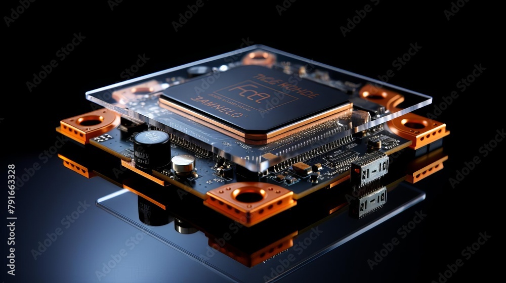 Detailed image of a wireless chip embedded in glass, hightech communication concept,