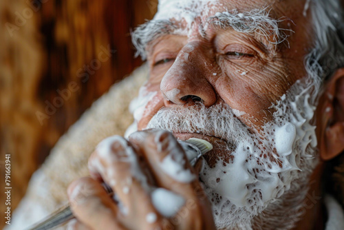 Elderly man maintaining grooming habits with a morning shave. photo