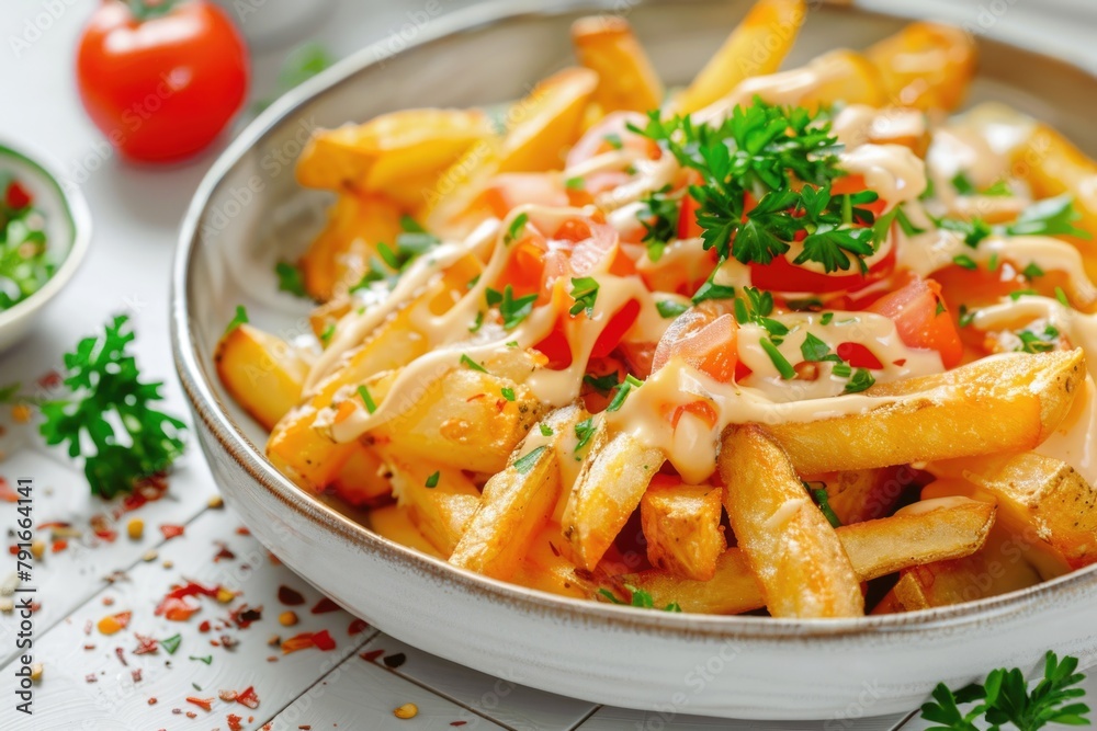 Delicious bowl of fries with savory sauce and fresh parsley, perfect for food and restaurant concepts