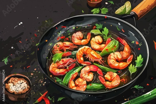 A pan filled with shrimp and vegetables on a table. Suitable for food and cooking concepts