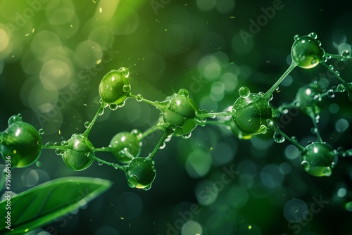 Chlorophyll cell molecular plant photosynthesis, abstract display of photosynthesis chemical reaction in plant cells, energy production, carbohydrates sugars photo
