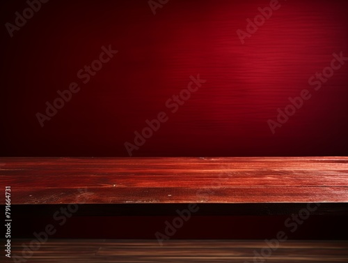 Abstract background with a dark red wall and wooden table top for product presentation, wood floor, minimal concept, low key studio shot