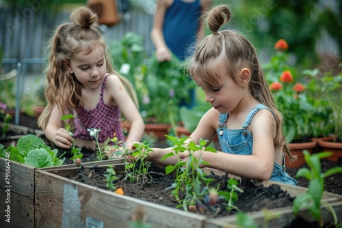 Children enthusiastically caring to their plants and flowers in a communal garden. Generative Ai. © Planum