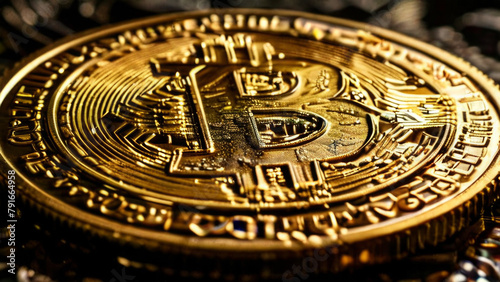 A close-up of a bitcoin coin. macrophotography of gold coins. blockchain