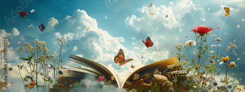 ethereal flowers and butterflies dance among the pages of an open book set against a backdrop of fluffy clouds and a smattering of raindrops in a surreal and whimsical digital painting photo