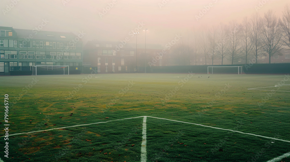 A misty soccer field in The Hague The Netherlands