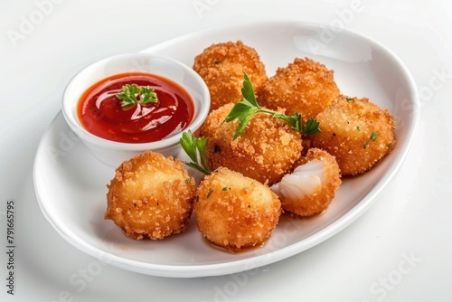 A white plate of fried food with a side of ketchup, perfect for food concepts