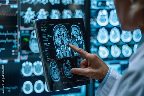 A medical professional examines detailed brain MRI scans on a high-tech digital tablet for diagnosis