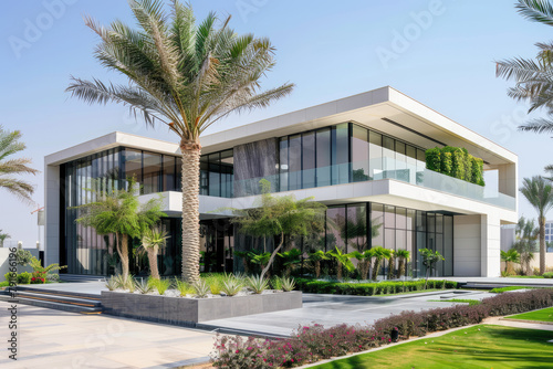Modern contemporary villa in Dubai, white and grey walls with glass windows, concrete facade, garden, front view, blue sky, palm trees, lush green plants, contemporary architecture design © Kien
