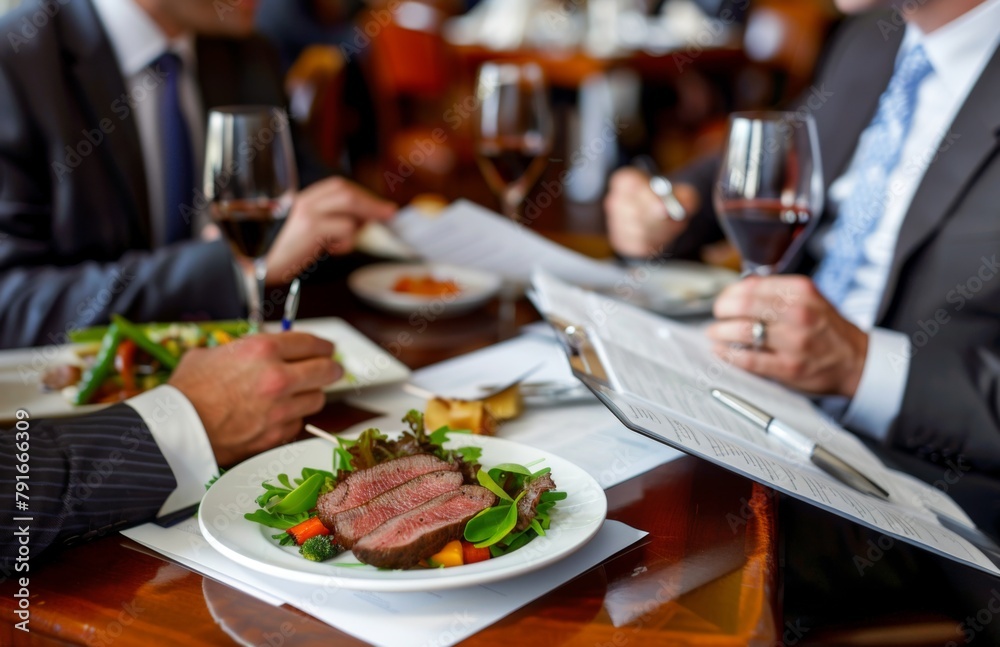 Business professionals engage in discussion over a dinner meeting, highlighted by a perfectly cooked steak