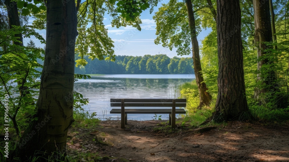 Bench in forest near water