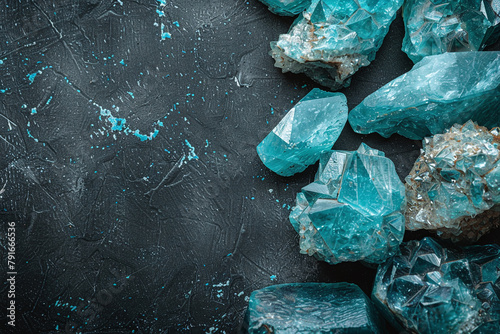 amazonite crystals geode close up on stone background, esoteric teal mineral texture on white surface photo