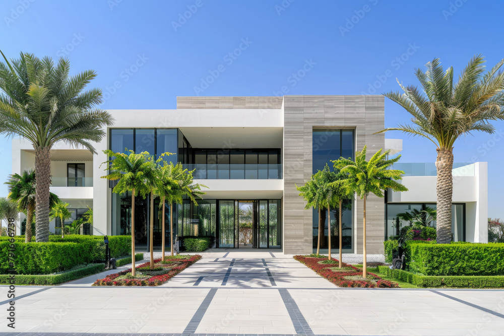Modern contemporary villa in Dubai, white and grey walls with glass windows, concrete facade, garden, front view, blue sky, palm trees, lush green plants, contemporary architecture design