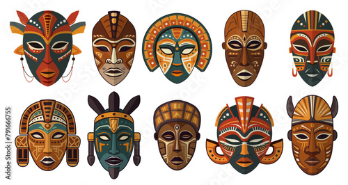 African mask colorful ethnic tribal ritual accessories different shape set vector flat illustration