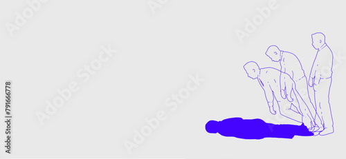 Banner. Contemporary art collage. Blue line-drawn figures in varying stages of bending over to ground where lying blue silhouette of tired businessman. Concept of social issues, burnout.