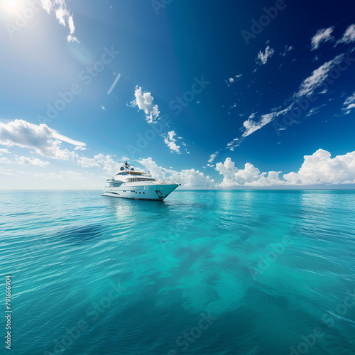 A luxury yacht in the middle of a sea with turquoise water on a sunny day with some cloud in the sky. Generative AI
