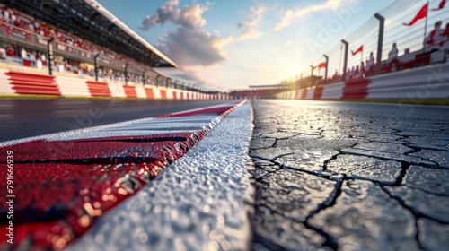 An extreme close-up of a race track's red and white curbing shows the texture and weather conditions at the venue
