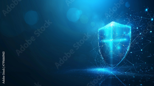 Abstract digital connectivity concept with glowing protective shield symbol on blue background, data protection 