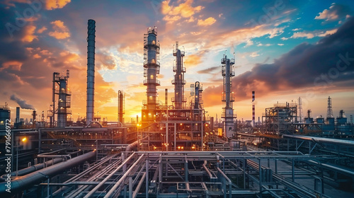 Close up Industrial view at oil refinery plant form industry zone with sunrise and cloudy sky.