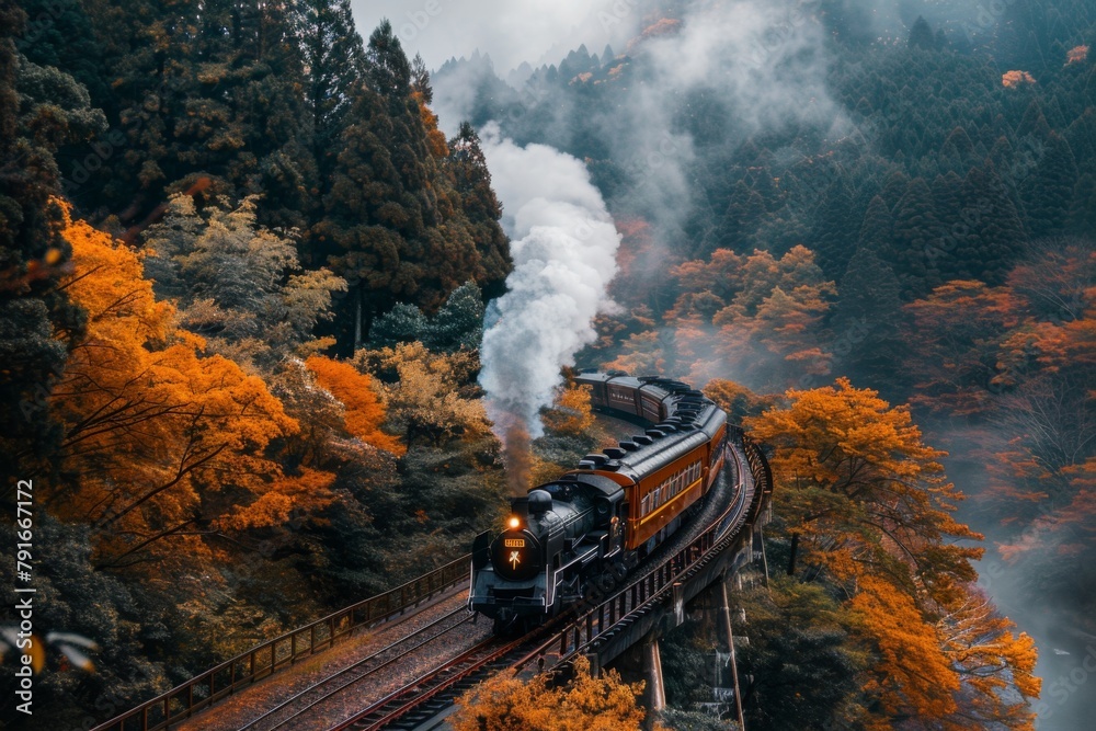 Fototapeta premium An antique steam train billowing thick smoke, traverses a bridge with a fiery autumn forest backdrop