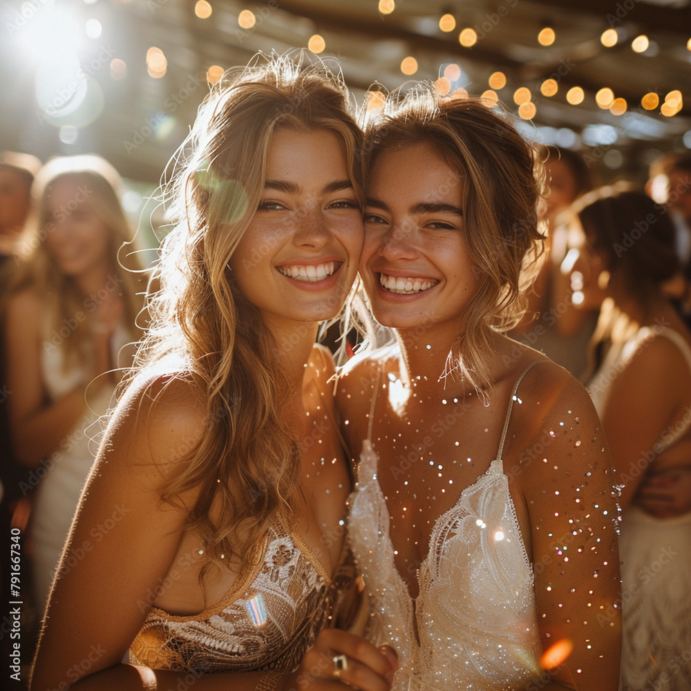Happy lesbian couple dancing among family and friends during wedding celebration