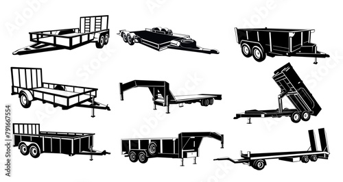 Big tex trailers for industrial heavy transportation black isometric icon set vector illustration