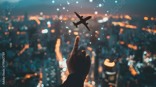A nighttime cityscape with a hand with the index finger pointing at an airplane representing floating above it photo