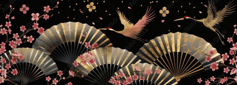 A pattern of elegant Japanese fans and cherry blossoms, with cranes flying in the background,