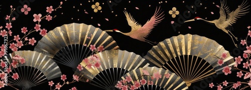 A pattern of elegant Japanese fans and cherry blossoms, with cranes flying in the background, photo
