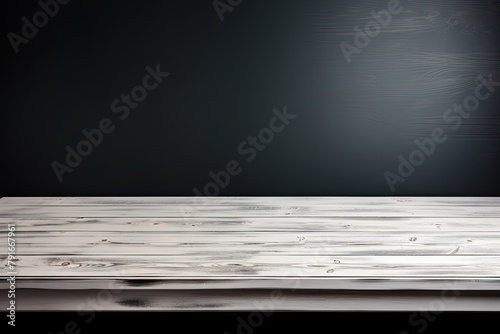 Abstract background with a dark white wall and wooden table top for product presentation, wood floor, minimal concept, low key studio shot