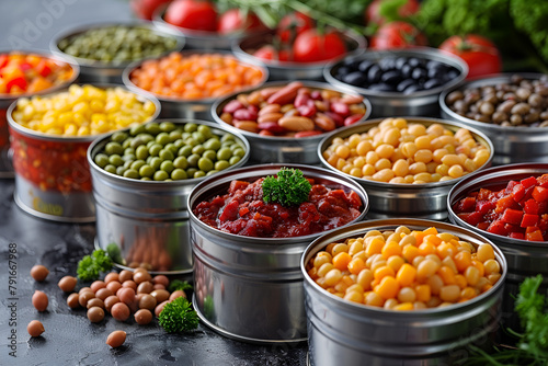 Canned Food in Tin Cans Isolated on a Gray Background, Canned vegetables in opened tin cans on kitchen table Nonperishable long shelf life foods background 