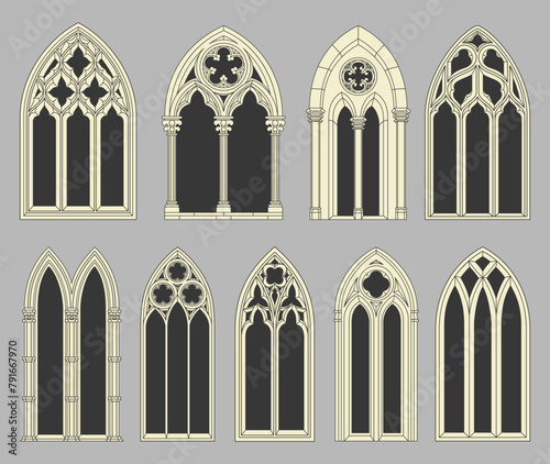 Gothic arch church windows with classic art detailed frame set isometric vector illustration