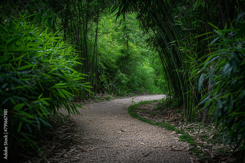 A bamboo forest reveals a serene path - its winding trail inviting contemplative walks in pursuit of inner peace and the essence of nirvana