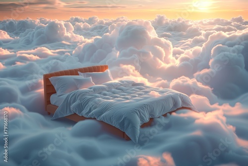 Cozy large double steel bed with bedside table and lamp soft white fluffy linen and filler like clouds are shrouded in a bedroom. The concept of sweet sound sleep at home. photo