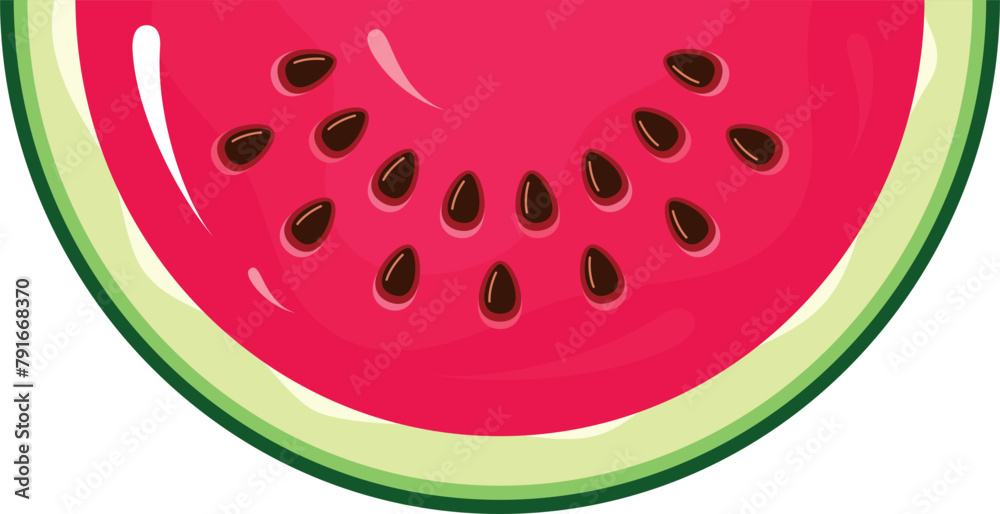 Half circle piece of watermelon with seeds and peel summer food dessert vector flat illustration Half circle piece of watermelon with seeds and peel summer food dessert vector flat illustration