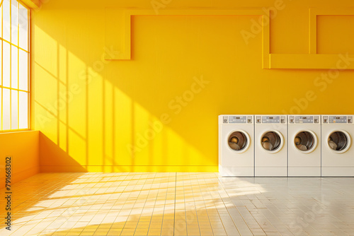 bright self-service laundry with modern washing machines over yellow background with copy space photo