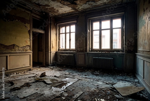 Background of old interior of an abandoned communal apartment  dirty room  rotten peeling walls. Old Soviet Russian past of poor interior. Scuffed floor. Stripped wallpaper on the wall. Repair concept