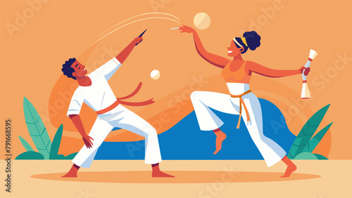 The energy is palpable as two capoeira students demonstrate their skills in a playful spar the audience clapping along to the rhythm of the