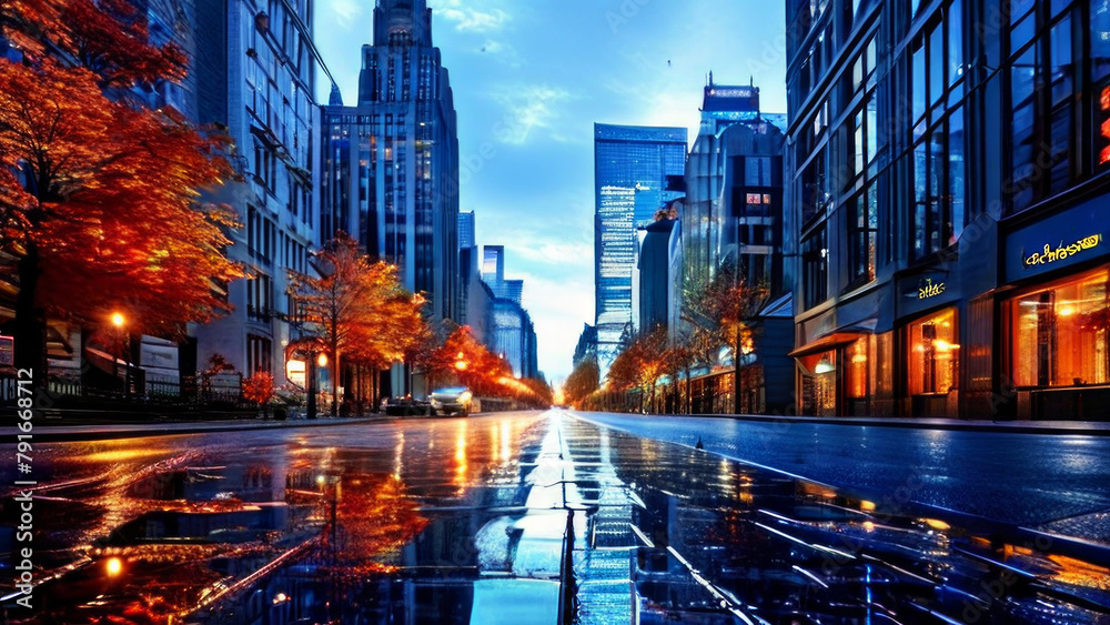 big city street after rain on the background of sunset. the road is reflected. blue - orange colors