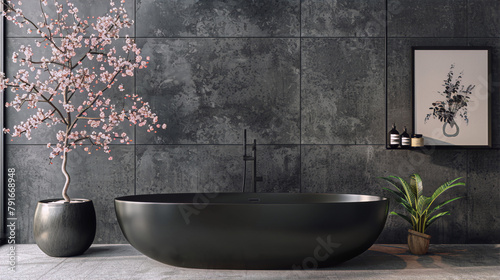 Bathroom interior with a black bathtub, plants, and a cherry blossom tree, in a contemporary style with a minimalist and natural feel.