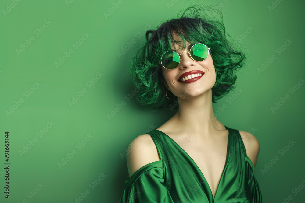 Φωτογραφία portrait of beautiful woman with green hair in green sunglasses and green dress