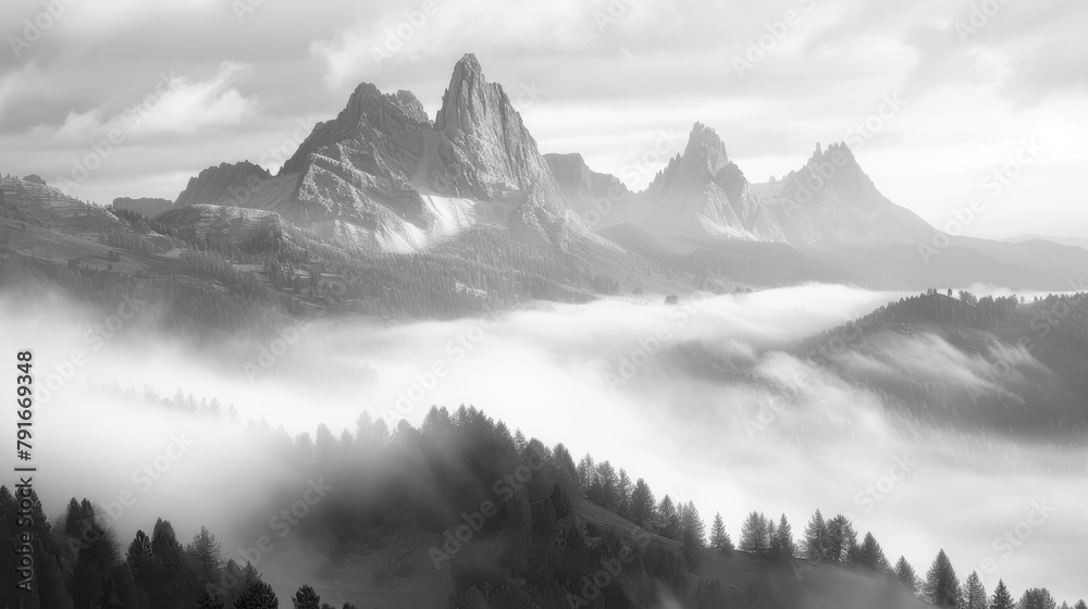 Fototapeta premium Misty Mountain Peaks in Black and White Photography