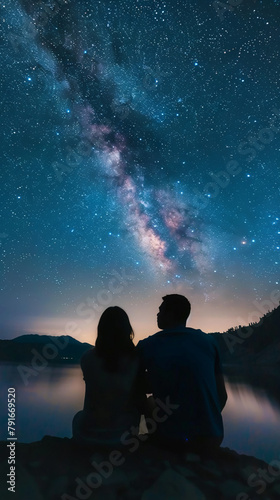 Couple silhouette stay back and look at stars and milky way at night sky