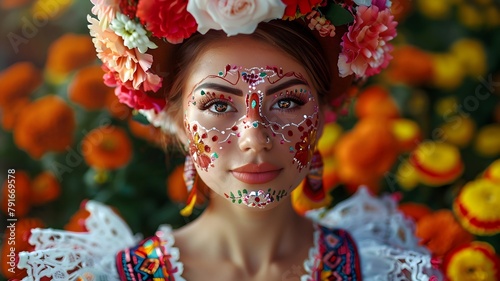  An enchanting image of a beautiful lady wearing a floral crown and a traditional Mexican dress, her face adorned with delicate floral designs, embodying the essence of Cinco de Mayo. 
 photo