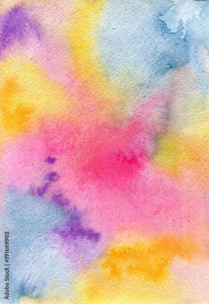 Abstract watercolor aquarelle hand drawn blot colorful yellow pink blue paint splatter stain. good for greeting card, poster, design, art wallpaper