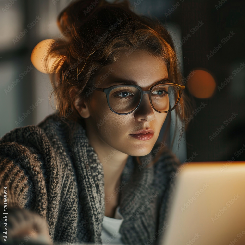 A beautiful young woman in glasses is working late on her laptop. A beautiful young woman in glasses is working late on her laptop.