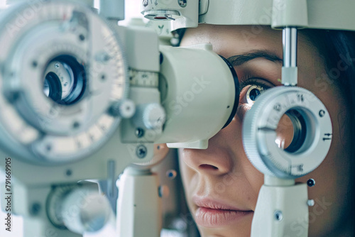 woman checking her eyesight at the ophtalmologist photo