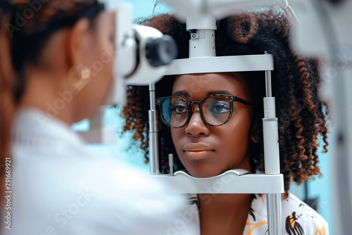 african woman checking her eyesight at the ophtalmologist photo